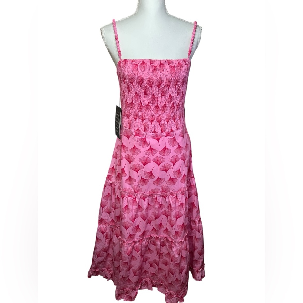 Pink Floral Midi Dress with Smocked Bodice - Picture 2 of 16